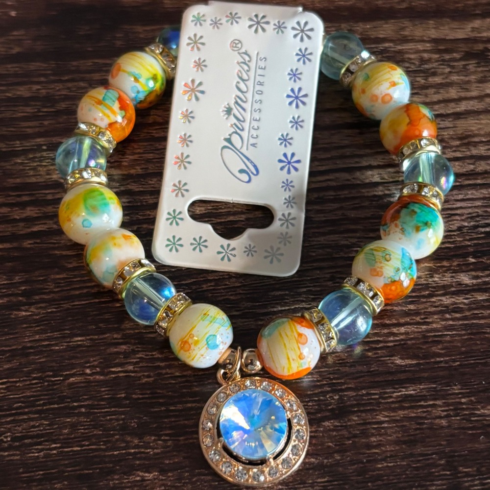 Beaded Stretch Bracelet Multi Color Splatter Rhinestone Blue‎ - Picture 3 of 5